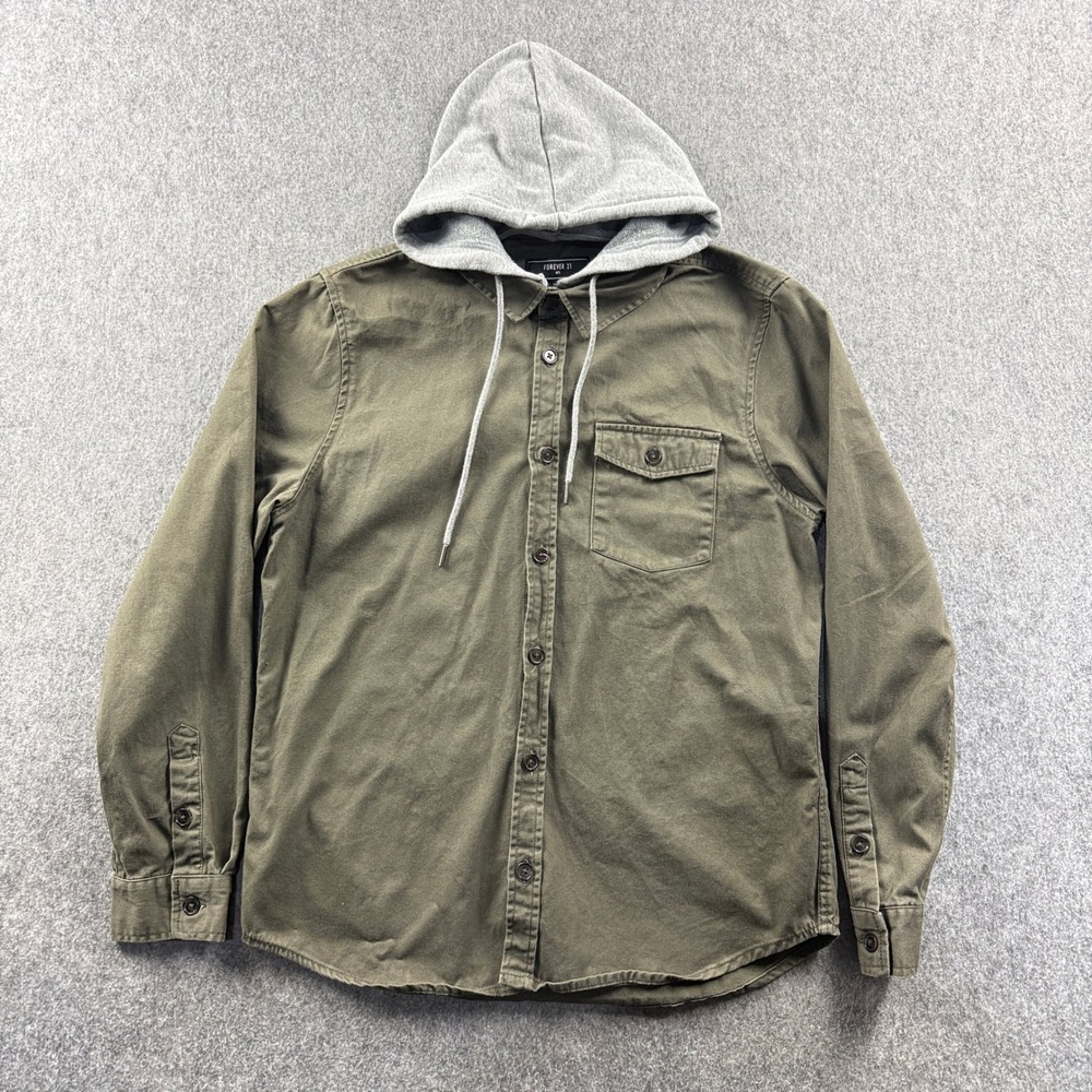 Forever 21 Men's Hooded Shirt Jacket Size Large Green Button Front Lightweight